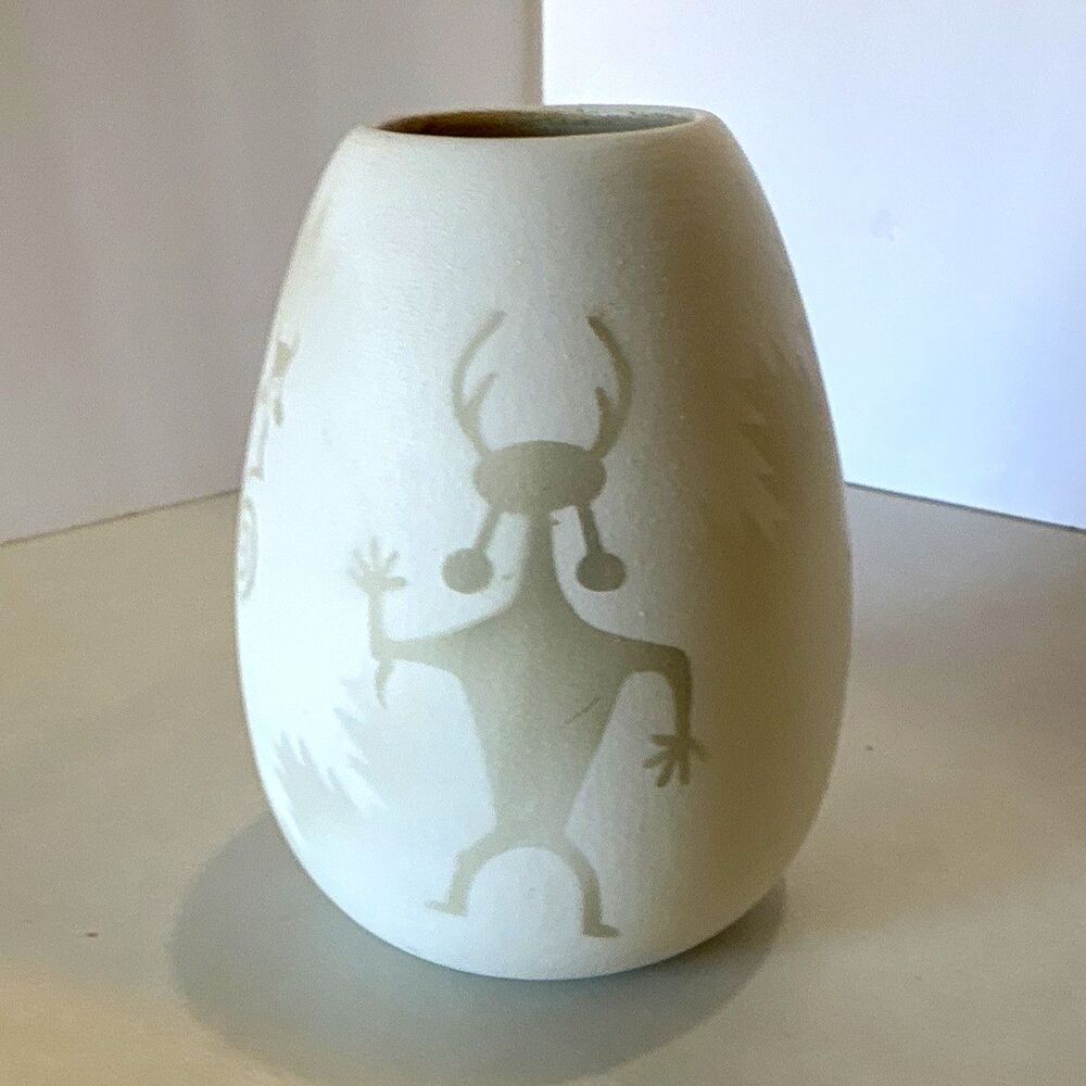 Art Pottery Vase White Gray Native American Figures Southwest Theme Signed JB